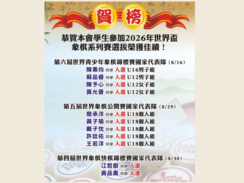 恭賀本會學生參加2026年世界盃象棋系列賽選拔榮獲佳績！